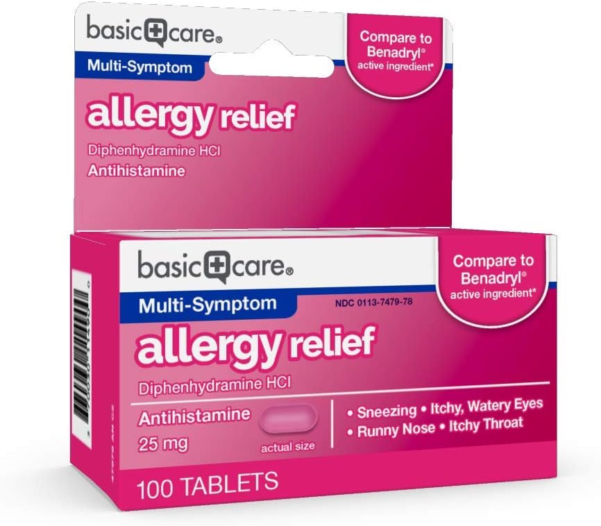 Basic Care Allergy Relief, Diphenhydramine HCl Tablets 25 mg, Antihistamine, 100 Count: Health & Personal Care