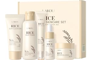 LAIKOU Skin Care Set, Korean Skin Care with Rice Cleanser, Toner, Serum, Eye Serum, Moisturizing Cream 5pcs for Women Teen Gi