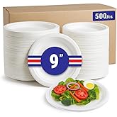 [500 Counts] 9" 100% Compostable Paper Plates – Heavy Duty Sugarcane Bagasse, Leak-Resistant Disposable Dinnerware, Biodegrad