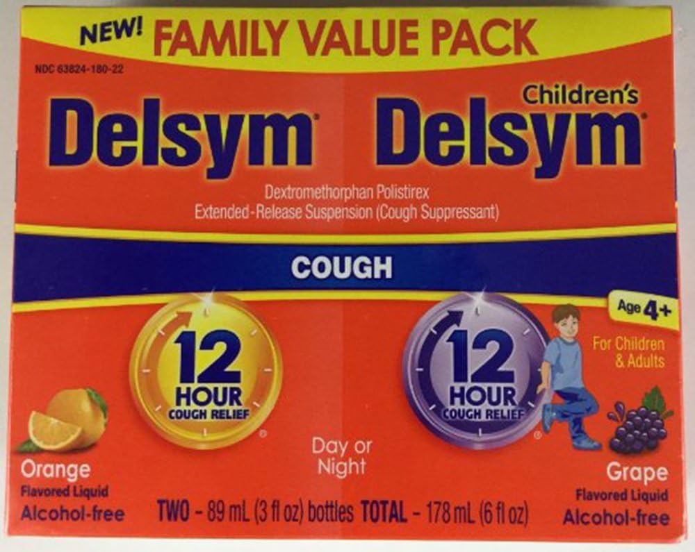 Delsym Family Value Pack Cough Syrup. Orange 12 hour cough relief and Childrens Grape 12 hour Cough Relief