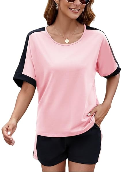CICIBIRD WOMEN CASUAL 2 PIECES OUTFITS SUMMER MATCHING LOUNGE SET COMFY SWEATSUIT JOGGER SETS SHORT SLEEVE TOP AND SHORTS WITH POCKETS PINK XL