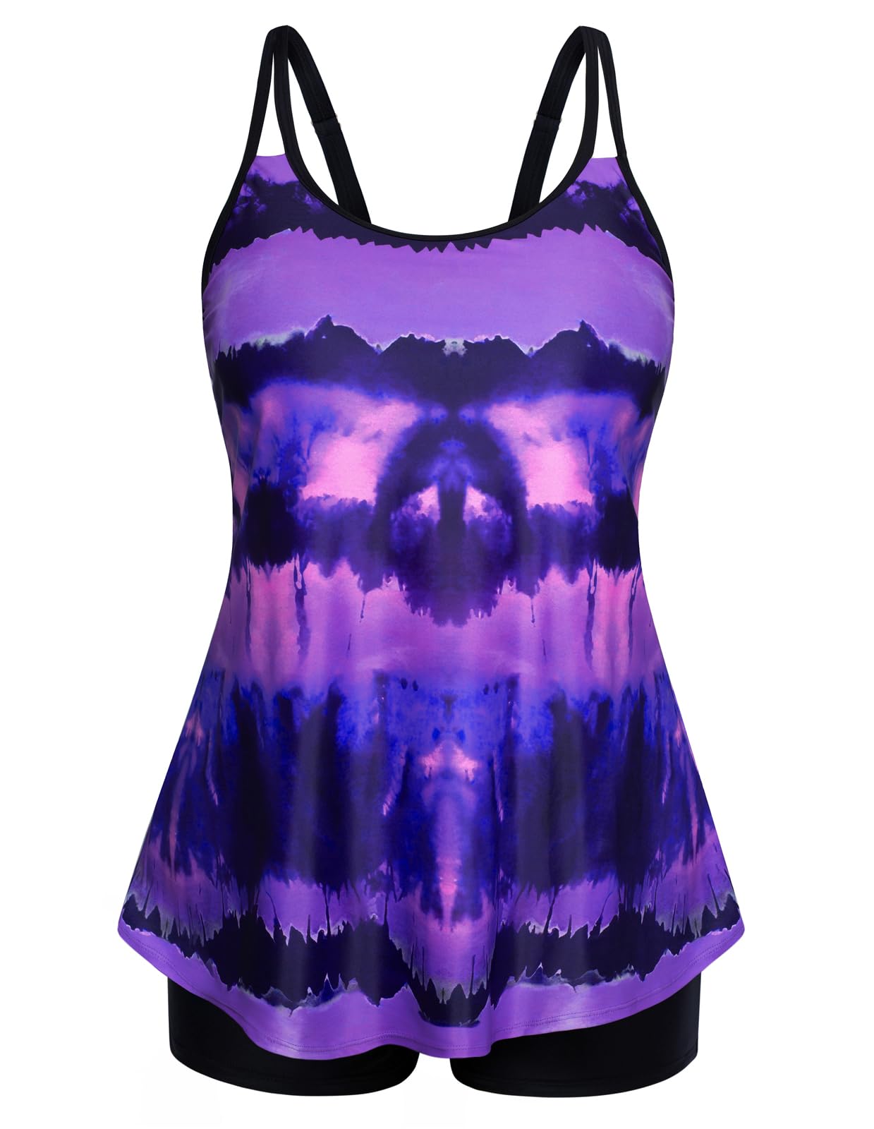 Hanna Nikole Modest Tankini Bathing Suits for Retired Women Plus Size 2 Piece Long Torso Tankini Sets Purple Tie Dye 26 Plus Image