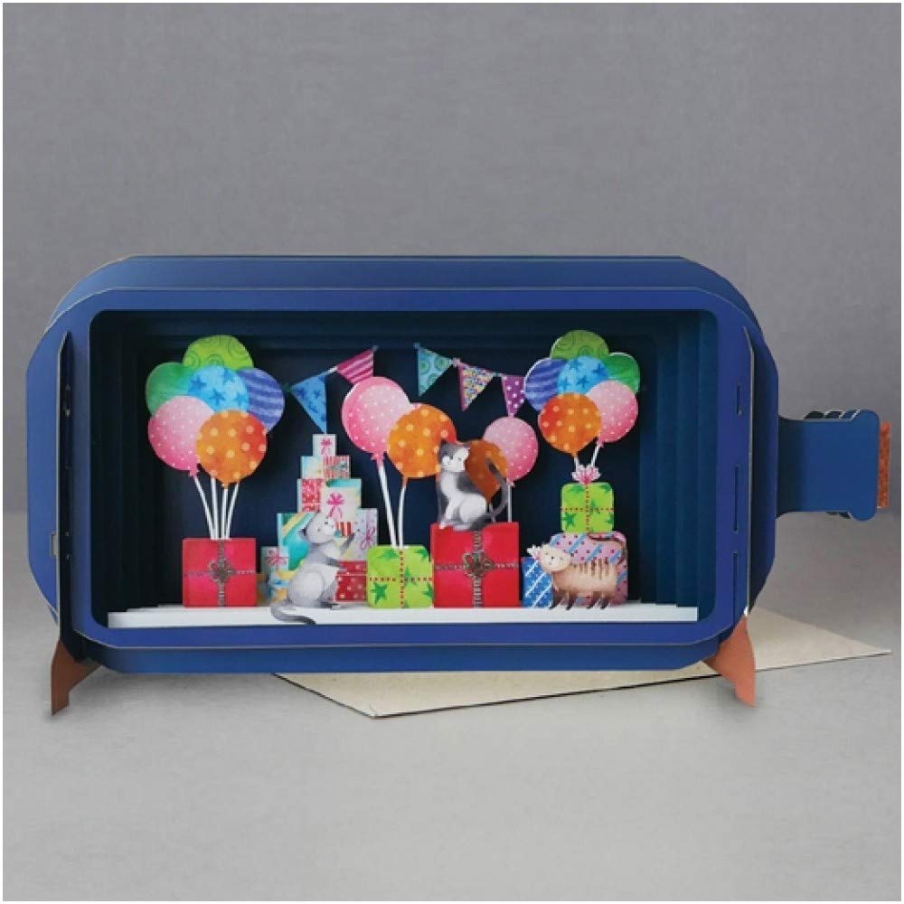 Message in A Bottle 3D Pop Up Greeting Card - Cats with Presents & Ballons