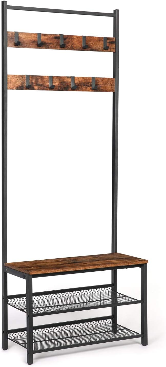hoobro shoe rack on Home Kitchen Rustic Brown Storage Shelf Organizer With 9 Flexible Hooks Hall Tree Entryway Shoe Bench Industrial Design Wood Look Accent Furniture With Metal Frame Hoobro Coat Rack Easy Assembly Furniture