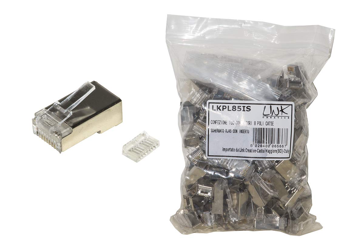 LINK PACK 100 CONNECTORS 8 POLES CAT 6 SCREENED RJ45 WITH INSERT FOR FLEXIBLE CABLE