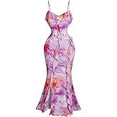 SOLY HUX Women's Floral Print Ruffle Maxi Dress Deep V Neck Sleeveless Split Hem Fishtail Boho Dresses