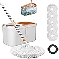 Floor Spin Mop and Bucket Set with Wringer System Extended Stainless Steel Handle 61＂for Home Floor Cleaning Use with 5 Replacement Head Refill and 1 Cleaning Brush Head