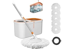 Spin Mop and Bucket Set with Wringer, 61" Stainless Steel Handle, Complete Floor Cleaning Kit with 5 Reusable Mop Heads & Bru