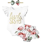 ADIFUN Baby Girl Clothes,Girl Summer Outfit Romper Sets Ruffle Short Sleeve Top+Shorts+ Bow Hairband 3Pcs Set