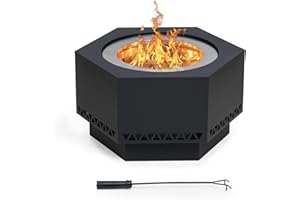 Sunjoy Fire Pit Smokeless 26 in. Hexagonal Outdoor Fire Pit, Patio Wood Burning Smokeless Firepit w/PVC Cover and Fire Poker, Ideal for Camping, Bonfire, and Backyard, Black