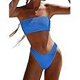 YIMISAN Women's Two Piece Bandeau Swimsuit Ribbed Strapless Tube Bikini Top with Mid Waist Cheeky Bottom Bathing Suit