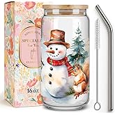 Niyorayna Christmas Winter Snowman Glass Cups Mug Gifts for Women,Friends,Sister,Kids,16oz Drinking Glass Coffee Cups with Lid and Straw,Christmas Glasses Tumbler Office Gifts -73