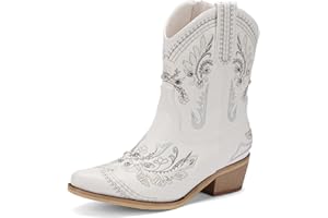 Krypthixor Rhinestone Ankle Cowboy Boots for Women Embroidered Short Cowgirl Boots With Low Heel Side Zipper Comfortable Chunky Heels Western Booties For Prom Party Wedding Pull On Shoes