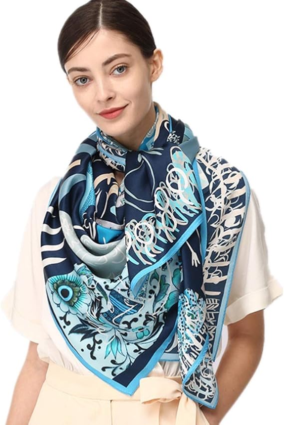 Amazon 女性 スカーフ シルク 手作り 正方形 柔らかい エラガント 色 青 スカーフ 通販