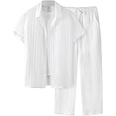 RoseSeek Men's 2 Piece Linen Sets Short Sleeve Button Down Shirts Drawstring High Waisted Pants Vacation Outfits