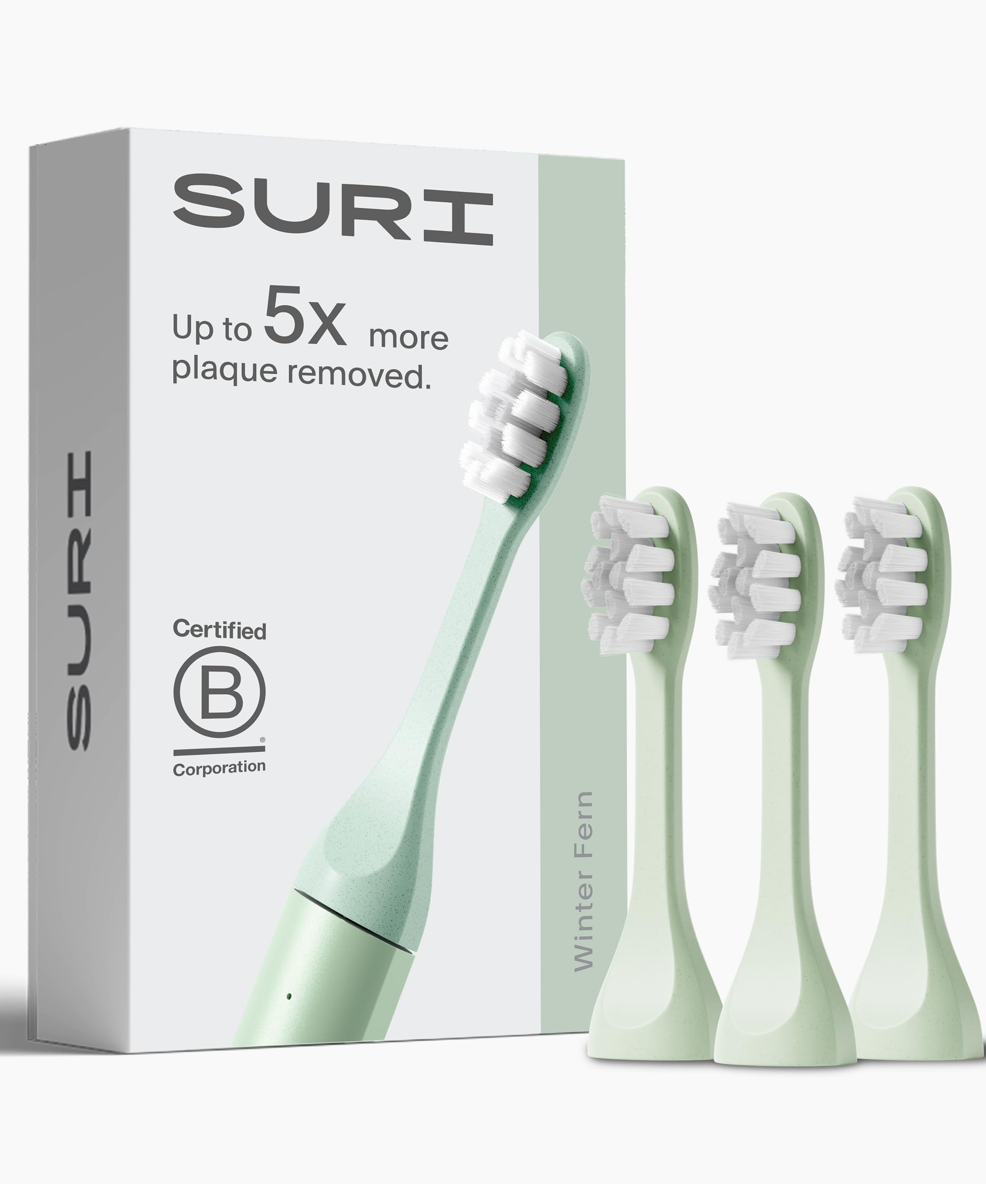 SURI Recyclable Plant-Based, Electric Toothbrush Heads - Built-in Tongue Scraper, Long Lasting Replacement Heads | Compatible Only with SURI Sonic Electric Toothbrush - Winter Fern, Pack of 3