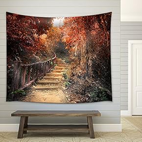 Fantasy Forest in Autumn Surreal Colors. Road Path Way Through Dense Trees - Fabric Wall Tapestry Home Decor - 51x60 inches
