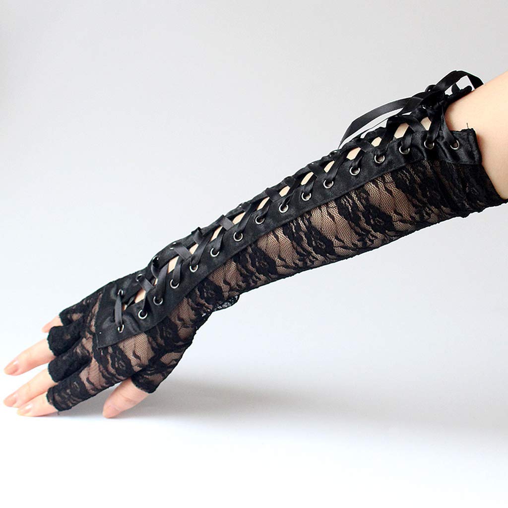 DreamHigh Womens Sexy Elbow Length Punk Fingerless Lace Up Arm Warmer Lace Gloves, Black, One Size