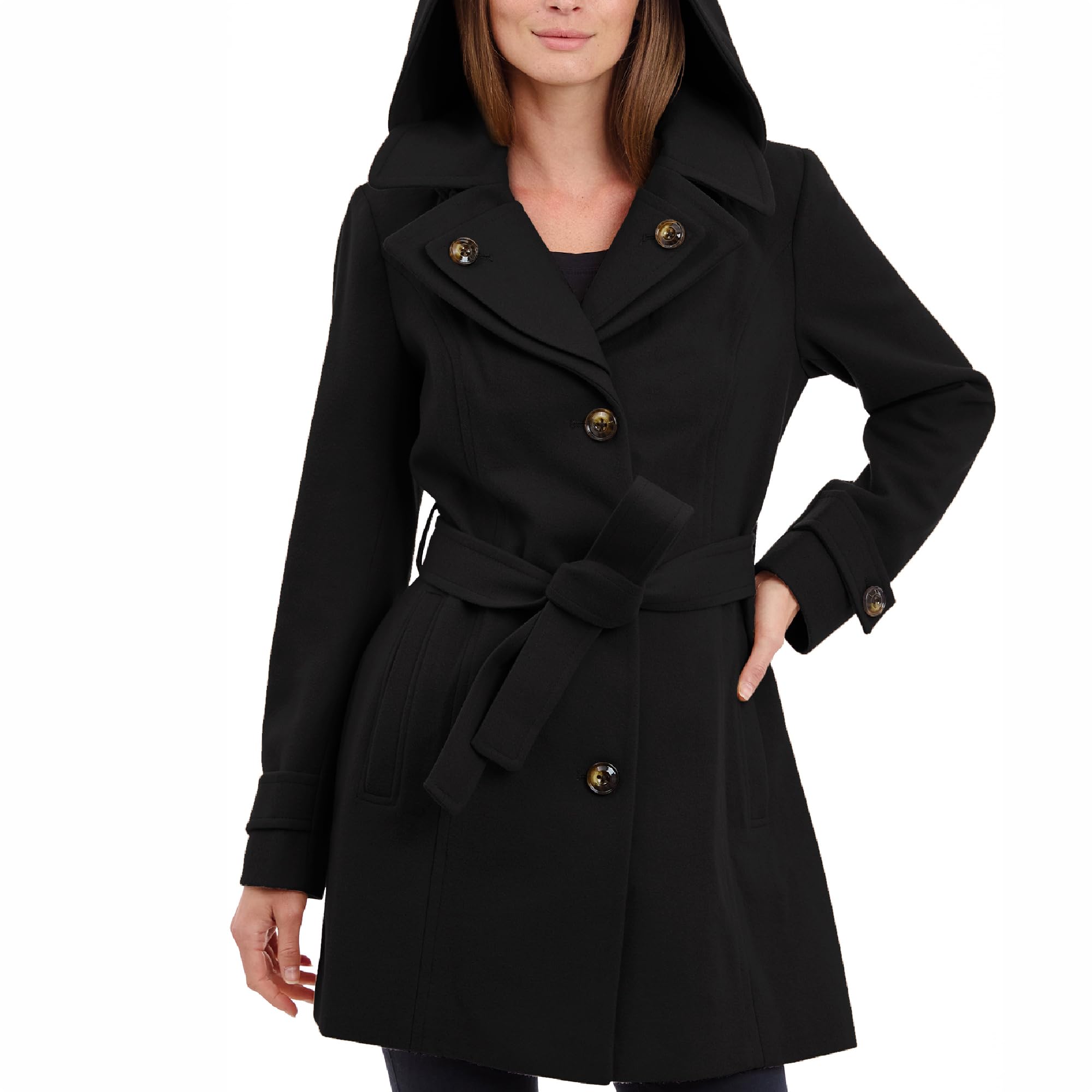 Photo 1 of LONDON FOG womens Double Lapel Thigh Length Button Front With Belt Wool Coat, Black, Medium US