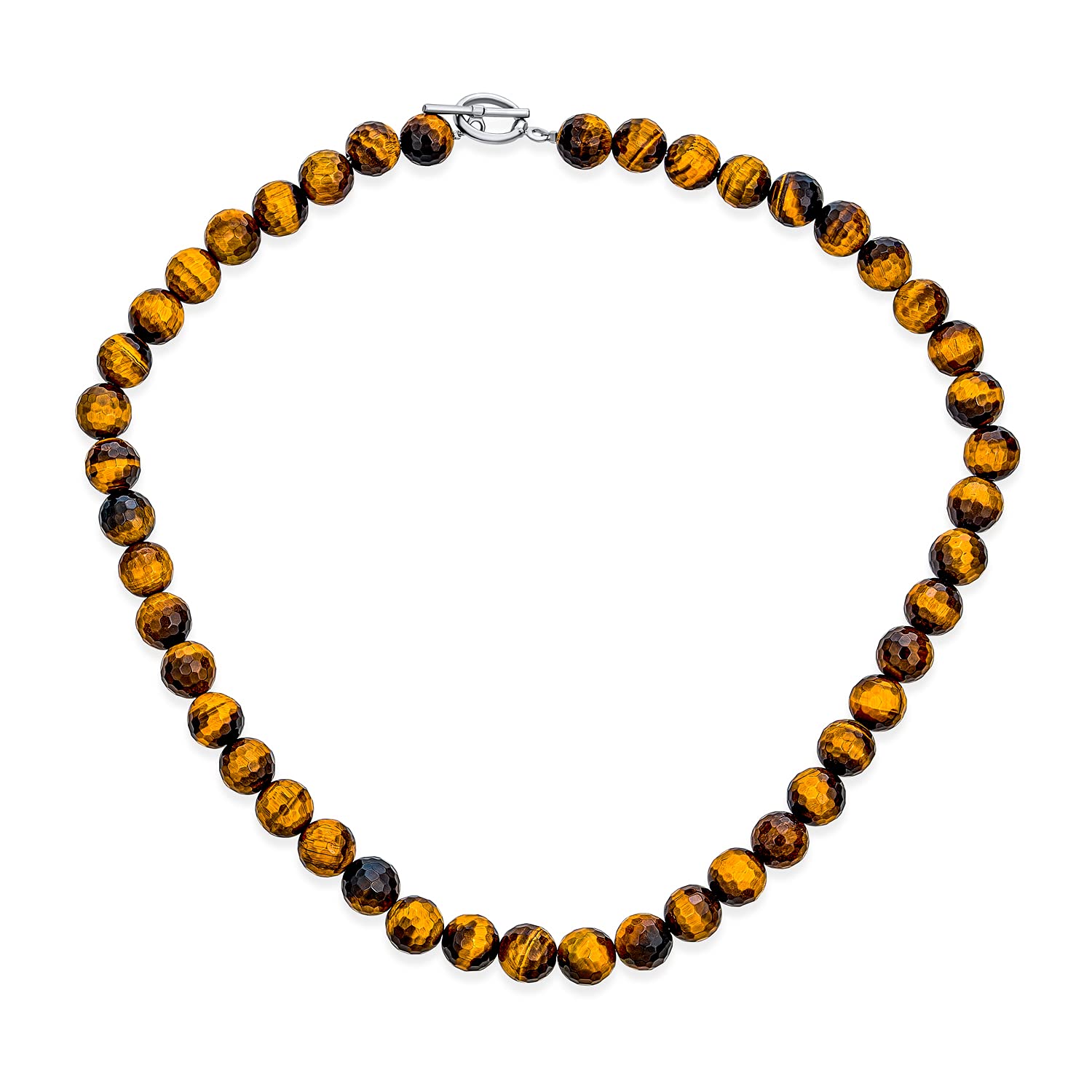 Faceted Brown Tiger Eye Round 8MM Bead Strand Collarbone Necklace Western Jewelry For Women For Men Silver Plated Toggle Clasp 17 Inch