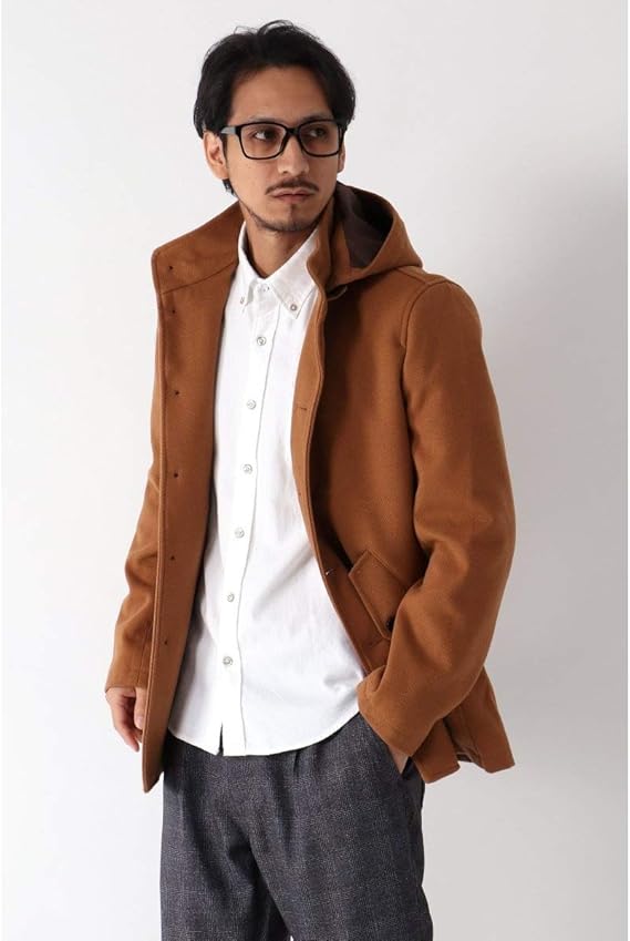 Amazon イッカ メンズ Ikka フード脱着ヘリンボンハーフコート キャメル M コート ジャケット 通販