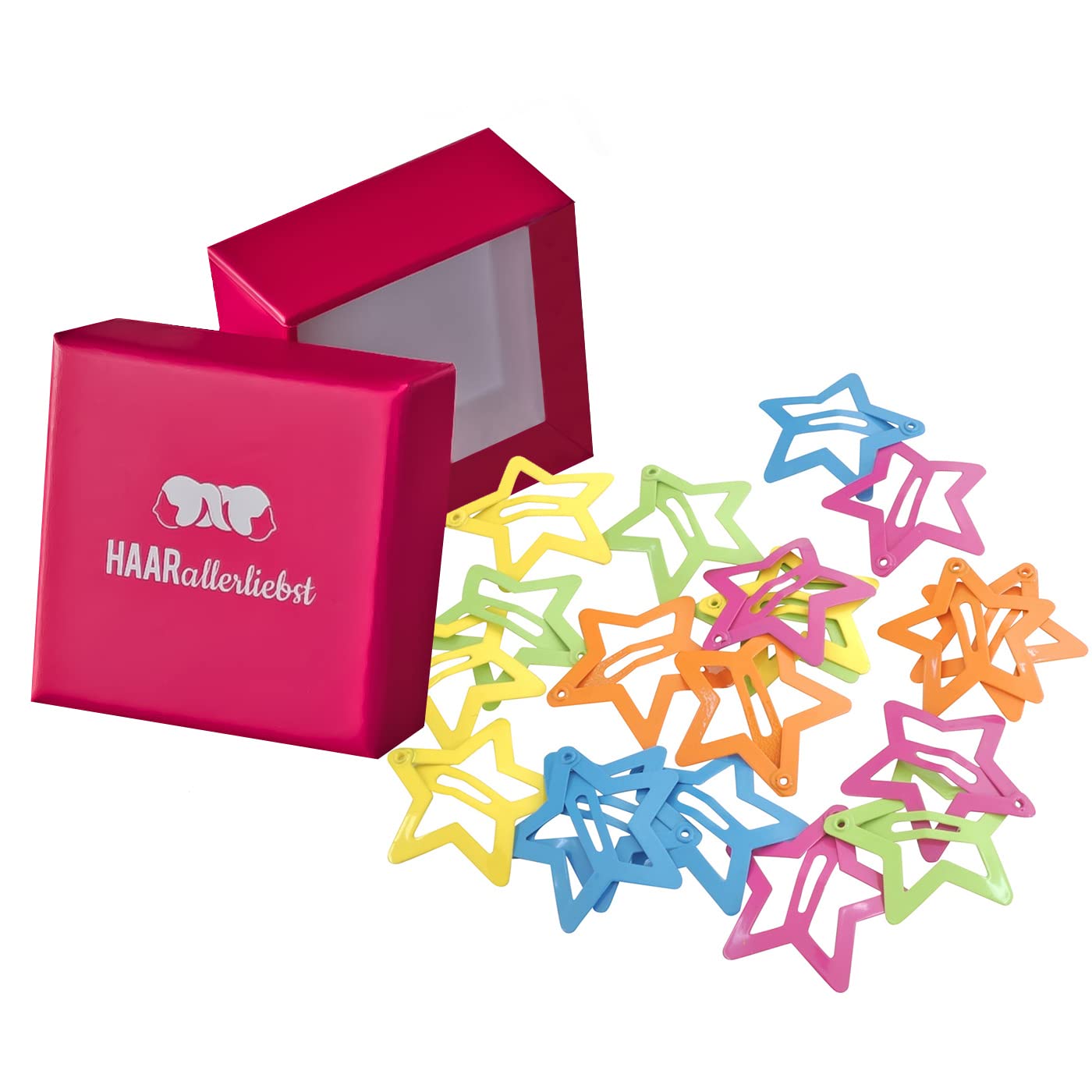 HAARallerliebst Hair Clips Mini Stars (Pack of 20) Yellow, Orange, Pink, Green, Blue 3 cm with Box for Storage (Box Colour: Pink) (Box Colour: Pink)