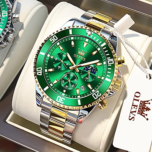 OLEVS Watches for Men Classic with Date Business Dress Luxury Big Face Green/Black/Blue Waterproof Luminous Mens Wrist Watch Analog Two Tone Stainless Steel Men Watch