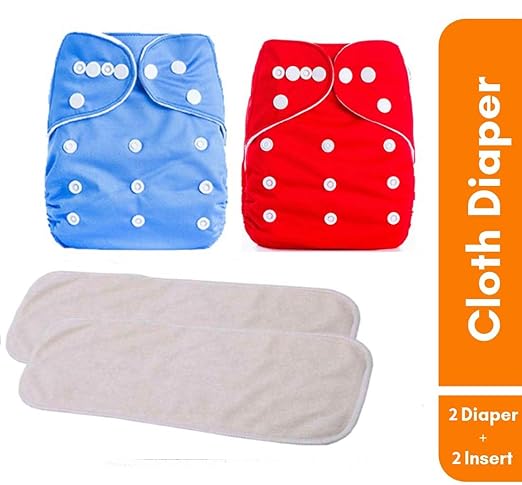 Ineffable Combo of Quirk Reusable Baby Washable Cloth Diaper Nappies with Multi Layered Micro- Fibre Baby Insert Pads (Red & Blue) (Set of 2) (Assorted Colours)