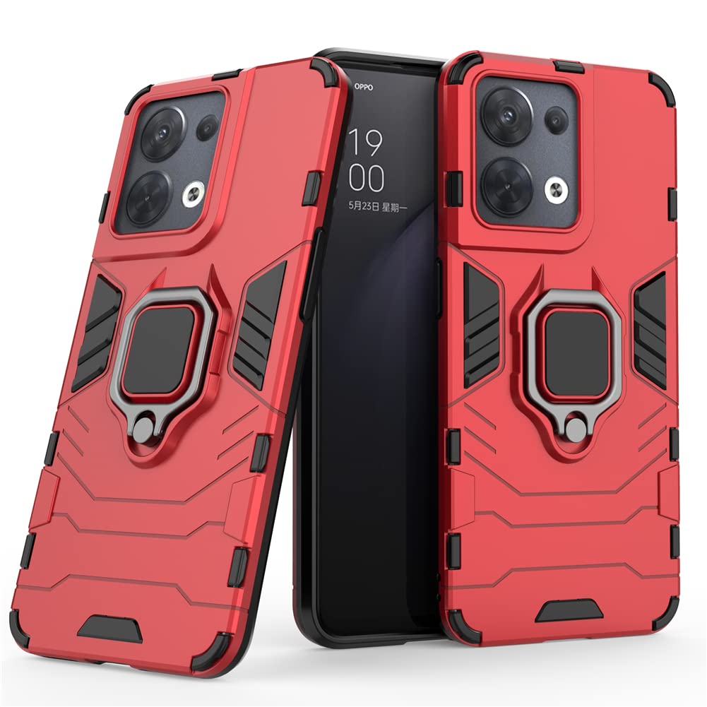 IMEIKONST Compatible with OPPO Reno 8 5G, Military Grade Shockproof Protective Phone Case with Magnetic Rotatable Ring Kickstand Slim Fit Matte Back Hard Cover for OPPO Reno 8 5G. Red KK