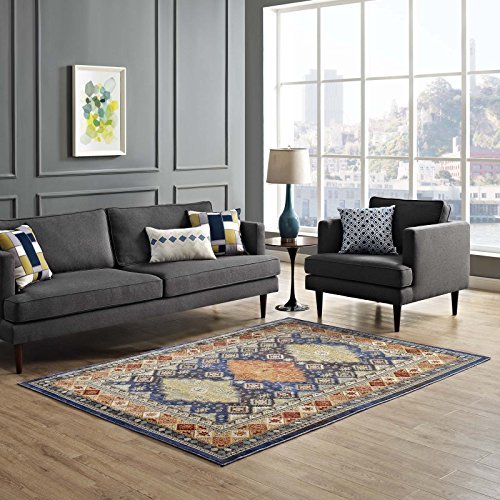 Modway R-1117A-58 Atzi Area Rug Distressed Vintage Floral Lattice 8x10, 5x8, Brown and Silver Blue
