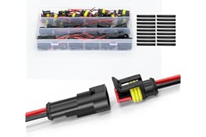 Amliber 10 Kits 16 AWG 2 Pin Waterproof Automotive Wire Electrical Connectors, 2 Wire Connectors with 16 Gauge Wire and Heat Shrink Tubing for Auto Motorcycle