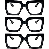 REAVEE 3 Pack Oversized Reading Glasses for Women Large Frame Extra Wide, Blue Light Blocking Stylish Thick Square Readers