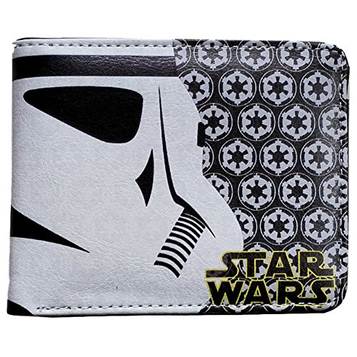 Star Wars Darth Vader and Storm Trooper Closeup Faces with Empire Logo Background Movie Themed Leather Like Bi Fold Wallet (Always Arrives with a Gift Box)