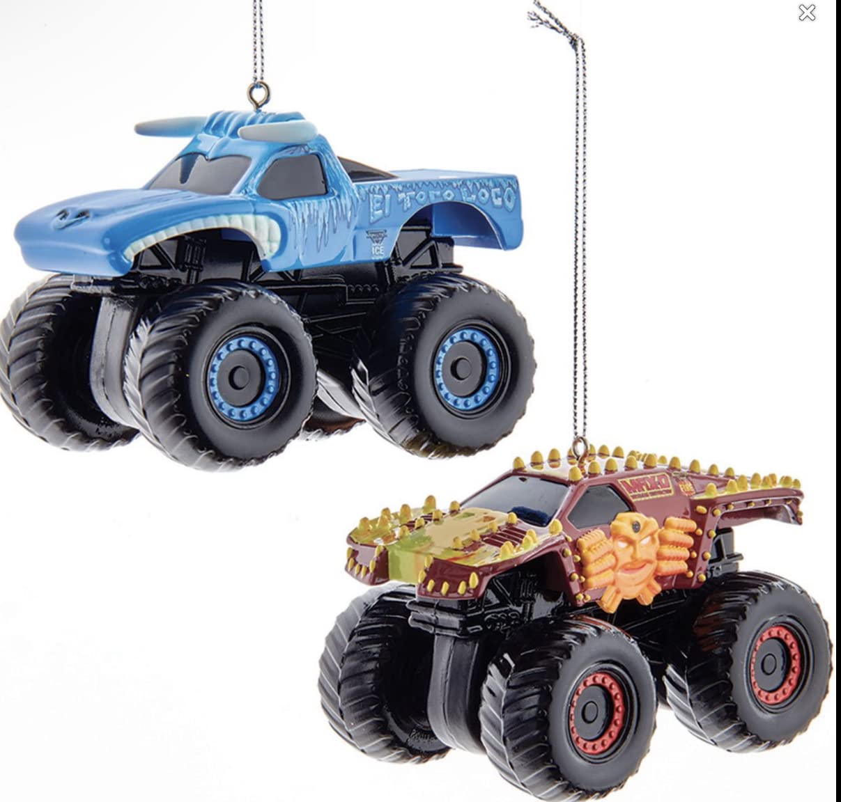 Photo 1 of Monster Jam® El Toro Loco Ice and Max D Truck Ornaments, 2 Assorted