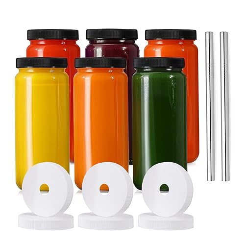 CLQLC Glass Juice Bottles with lids, 6 Pack with 2 Straws & 6 Lids with Hole- 16 oz Travel Drinking Jars,Juicing bottles Reusable Glass Mason Jar for Juice,Bubble Tea, Smoothie, Tea, Kombucha