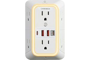 Multi Plug Wall Outlet Extender - 6 Outlet Splitter & 4 USB Ports with Fast Charging Type C PD 20W, Smart Night Light, 3-Side