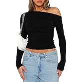 Darong Women's Casual Long Sleeve Boat Neck Off Shoulder Slim Fit Crop Top Going Out Blouses Y2K Tight Shirts