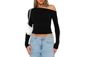 Darong Women's Casual Long Sleeve Boat Neck Off Shoulder Slim Fit Crop Top Going Out Blouses Y2K Tight Shirts