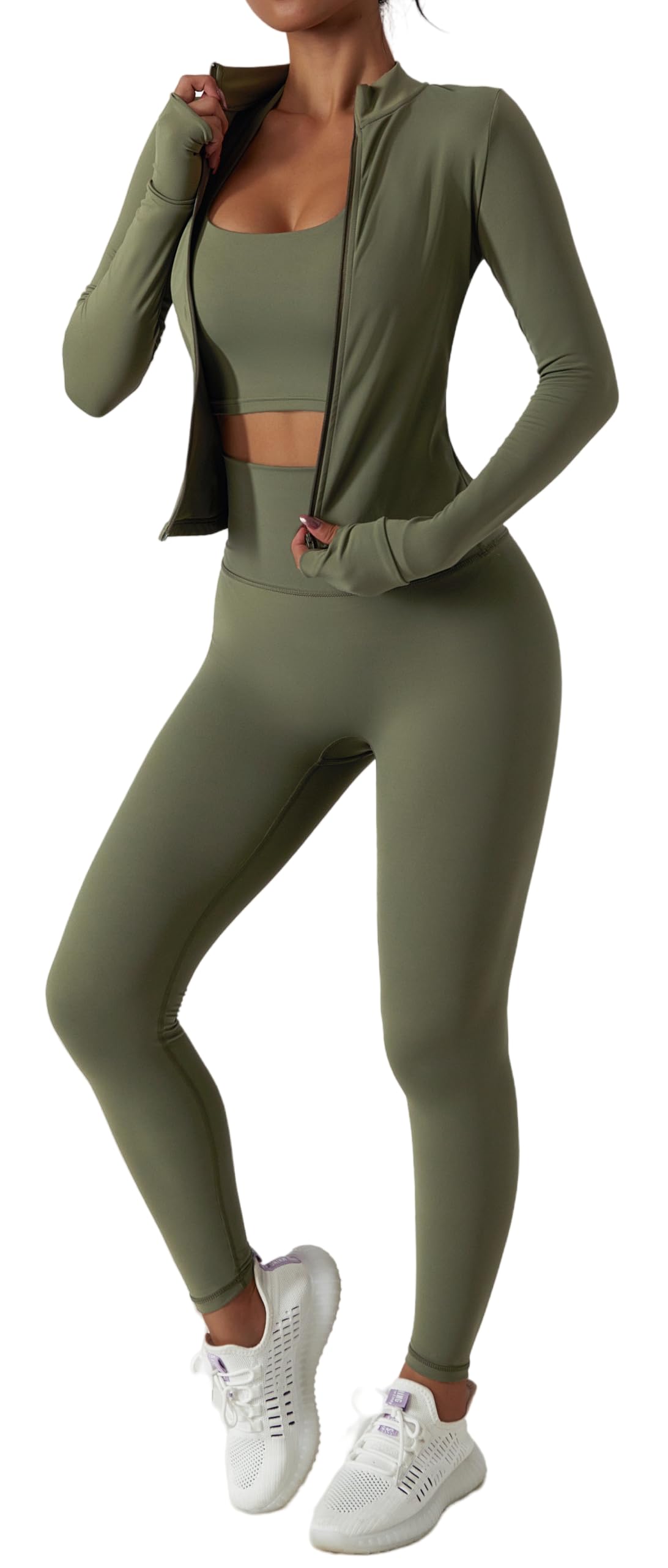 Photo 1 of Womens 2 Piece Workout Set Gym Leggings Zip Up Jacket Matching Set Tummy Control Pants Athletic Outfit XL Army Green