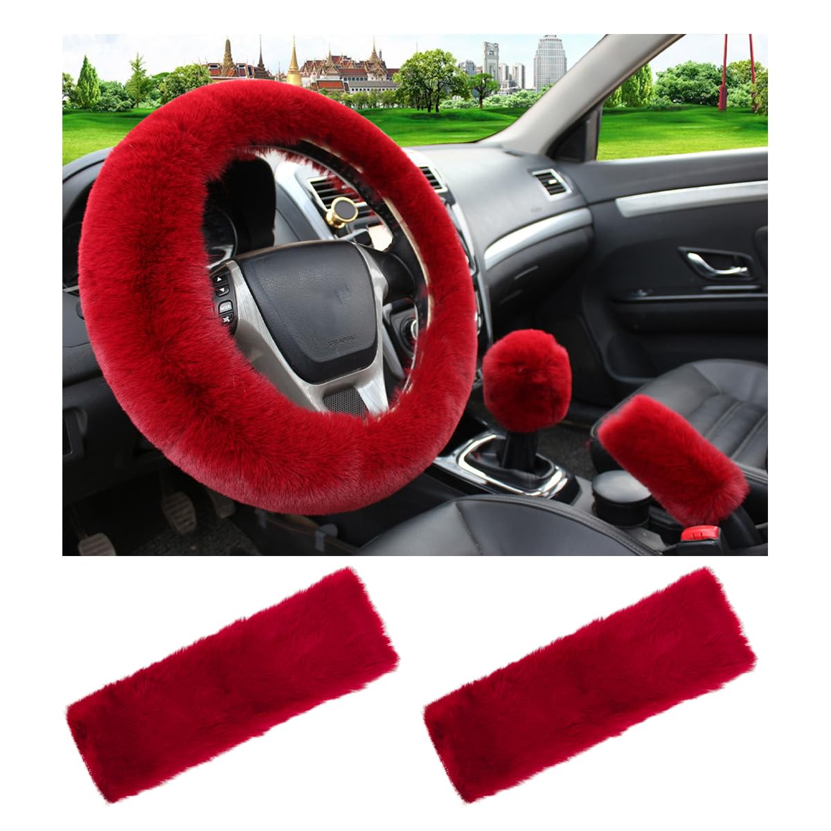 Photo 1 of Yourkar 5 PCS Fluffy Steering Wheel Covers Set, Faux Wool Steering Wheel Cover & Handbrake Cover & Gear Shift Cover & 2 Seat Belt Shoulder Pads, Universal Car Accessories (Wine Red)