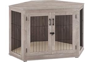 beeNbkks Furniture Dog Crate Corner, Dog Kennel Corner Wooden End Table with Cushion, Indoor Pet Crates Corner Side Table for Dogs, Wide Top Perfect for Limited Room(Large, Weathered Gray)