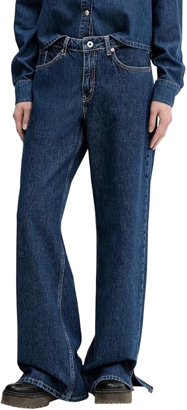 Femme Mid Rise Relaxed W/Slit Denim Bleu foncé délavé 3032