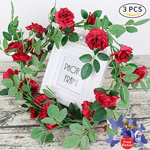AmyHomie 3 Pack Artificial Rose Garlands,Silk Fake Rose Vine Flowers Plants for Home Hotel Office Wedding Party Garden Craft Art Decor(big flowers) (red) - Thumbnail 7