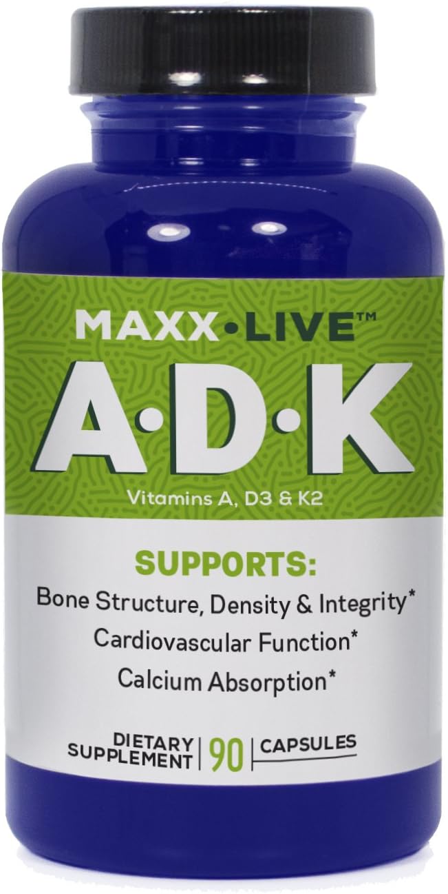 MAXX LIVE ADK Vitamin - Vitamin D3 K2 and A - 90 Capsules - Bone Health and Heart Health Support – High Potency Vitamin D3, Vitamin K2 & Vitamin A