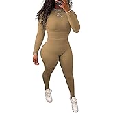 HBQ Women Two Piece Outfits Workout Sets Ribbed Casual Jogging Suits Long Sleeve Tracksuits,XL,Brown Solid