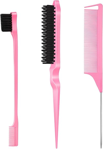 SWEET VIEW 3 Pcs Hair Brush Set Edge Brush Rat Tail Comb Teasing Pink