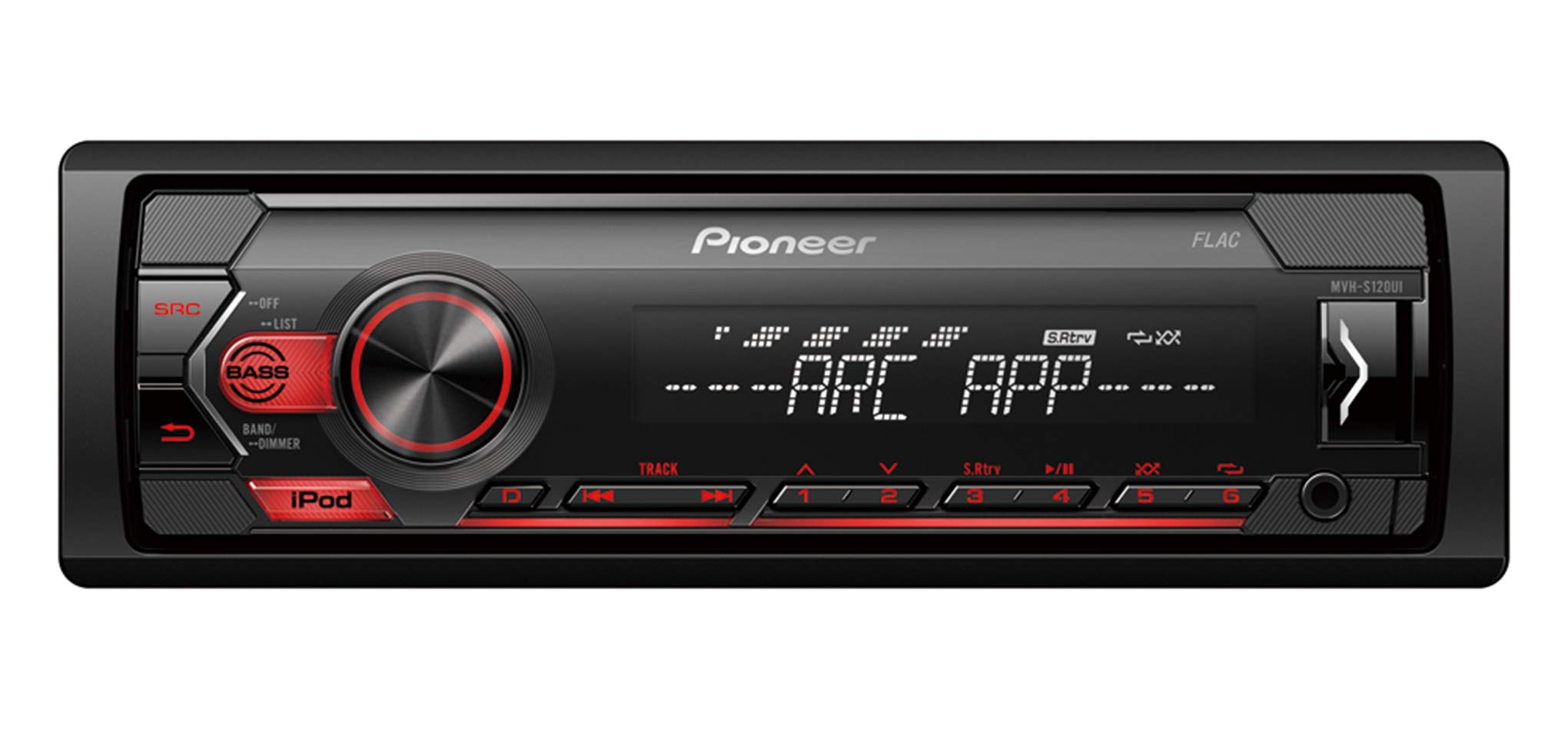 Pioneer MVH-S120Ui 1-DIN receiver with red illumination, USB and compatible with Apple and Android devices.