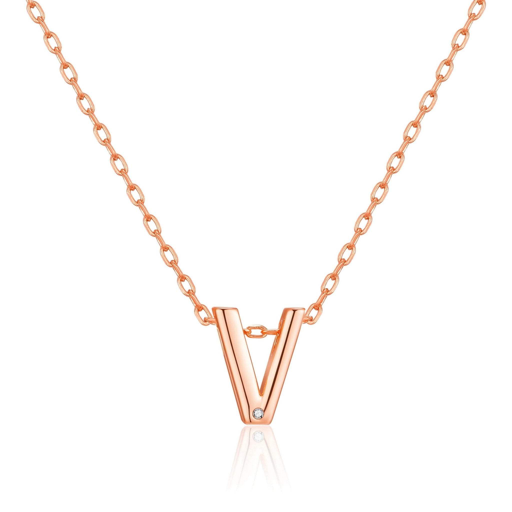 Philip Jones Rose Gold Plated Initial Necklace Letter V Created with Zircondia® Crystals
