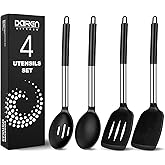 Pack of 4 Large Silicone Cooking Spatulas and Spoons, Slotted and Solid Stainless Steel Cooking Utensils Set, Non-stick Heat Resistant Kitchen for Baking, Fried, Stir-Fry, Mixing, Serving (Black)