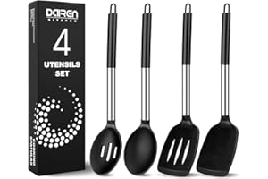 Pack of 4 Large Silicone Cooking Spatulas and Spoons, Slotted and Solid Stainless Steel Cooking Utensils Set, Non-Stick Heat 